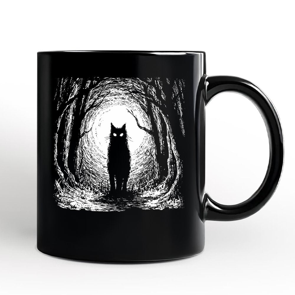 Haunted Forest Black Cat Personalized Mug, Spooky Halloween Night Gift with Custom Name