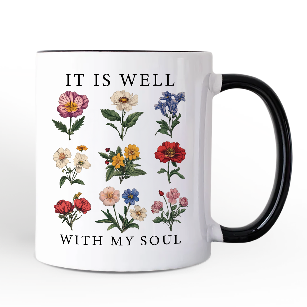 It Is Well With My Soul Christian Floral Personalized Mug, Vintage Bible Verse Gift with Custom Name