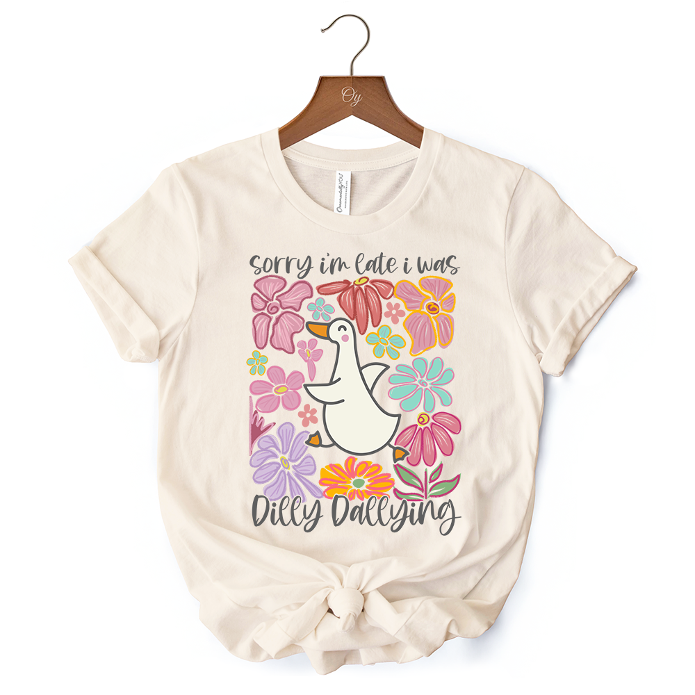 Sorry I'm Late I Was Dilly Dallying Goose T-Shirt, White and Natural Flowers Tee For Women