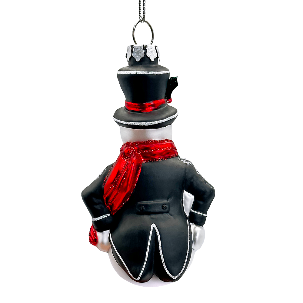 Dapper Gentleman Snowman Glass Christmas Ornament, Refined Handblown Holiday Tree Decor