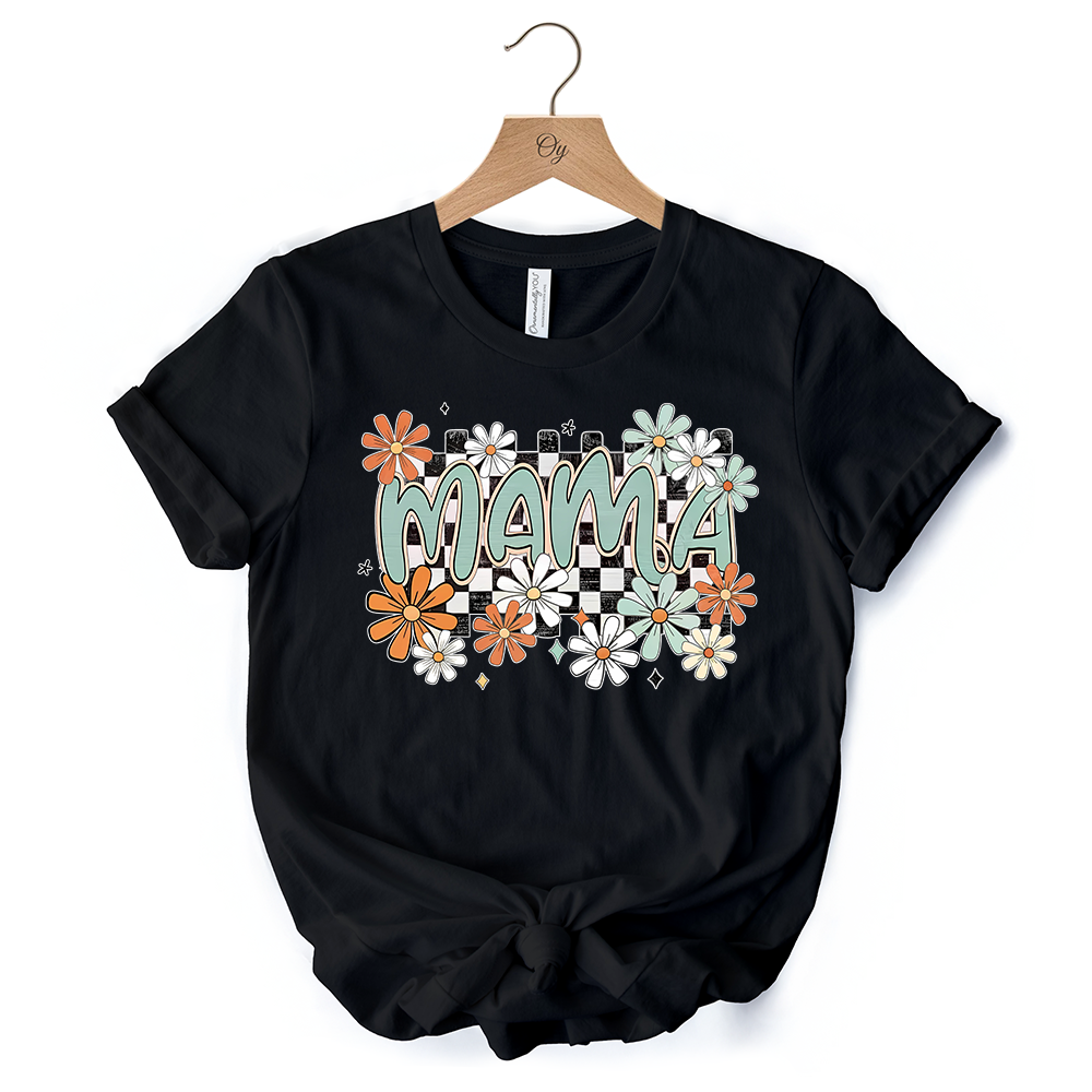 Floral Mama Checkered T-Shirt, White, Natural and Black Retro Tee for Stylish Mothers