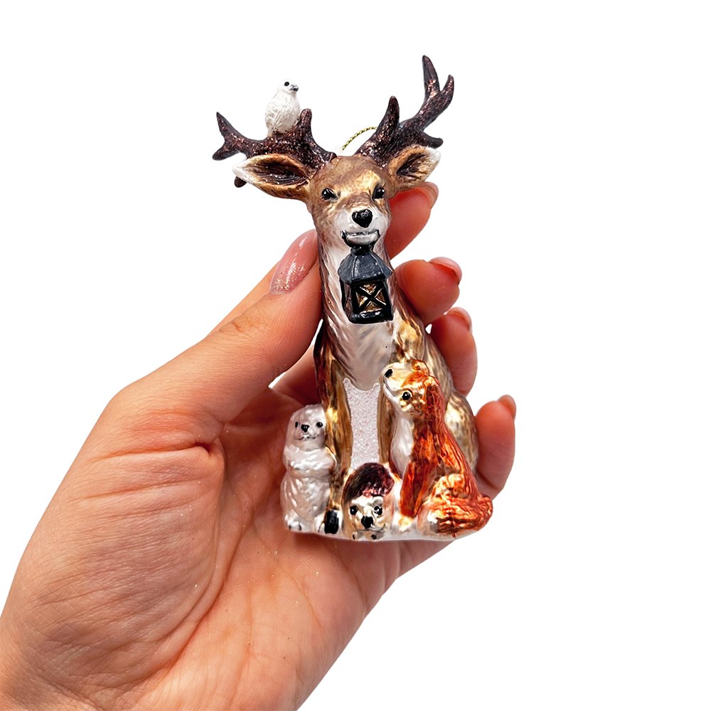 Deer with Lantern Glass Christmas Ornament, Woodland Animal Tree Decor