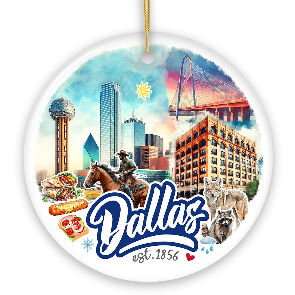 Artistic Dallas Texas Christmas Ornament, Unique Ceramic Keepsake Souvenir and Gift