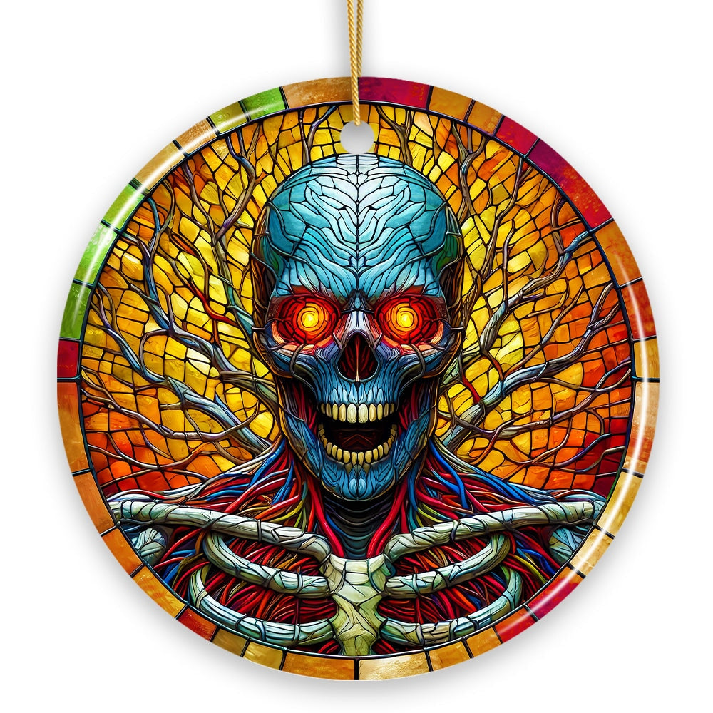 Red-Eyed Skeleton for Halloween Frights Stained Glass Style Ceramic Ornament, Halloween Themed Christmas Gift