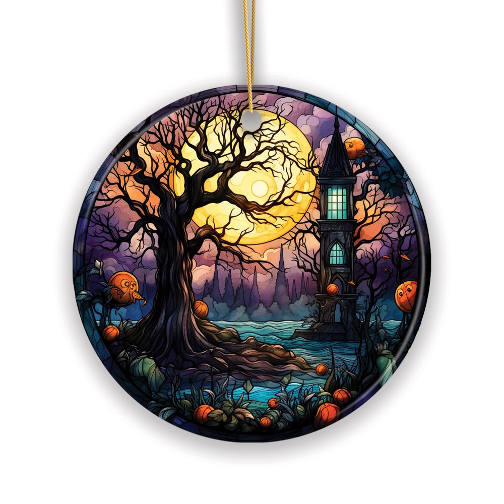 Spooky Tree & Haunted House Stained Glass Style Ceramic Ornament, Halloween Themed Christmas Gift and Decor