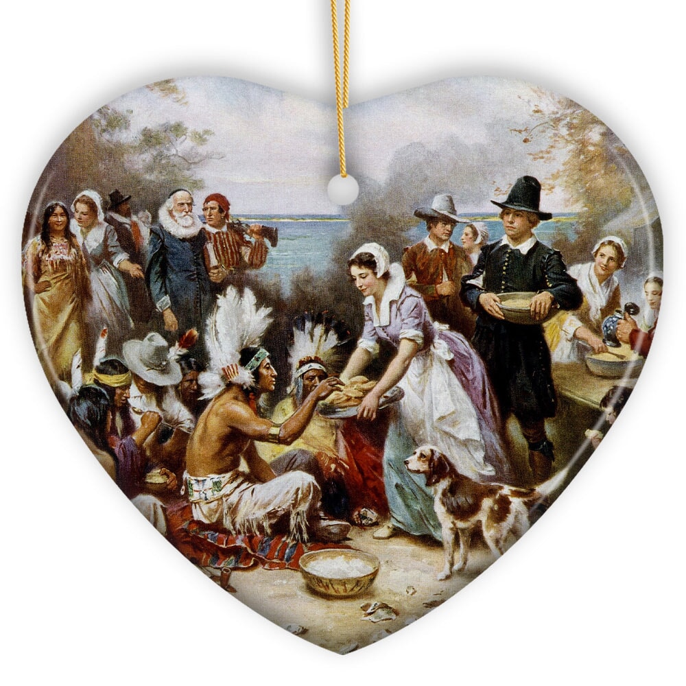 The First Thanksgiving Painting Vintage Ornament, Pilgrims and Native Americans Harmony