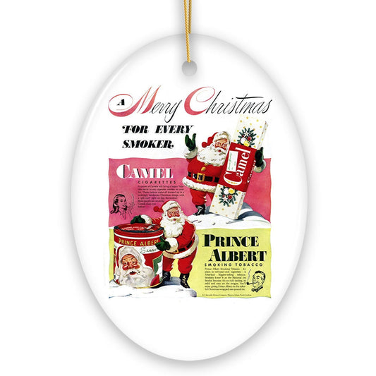 Vintage Christmas Smoking Advertisement Ceramic Ornament, 1940s Camel Cigarette Retro Collectible
