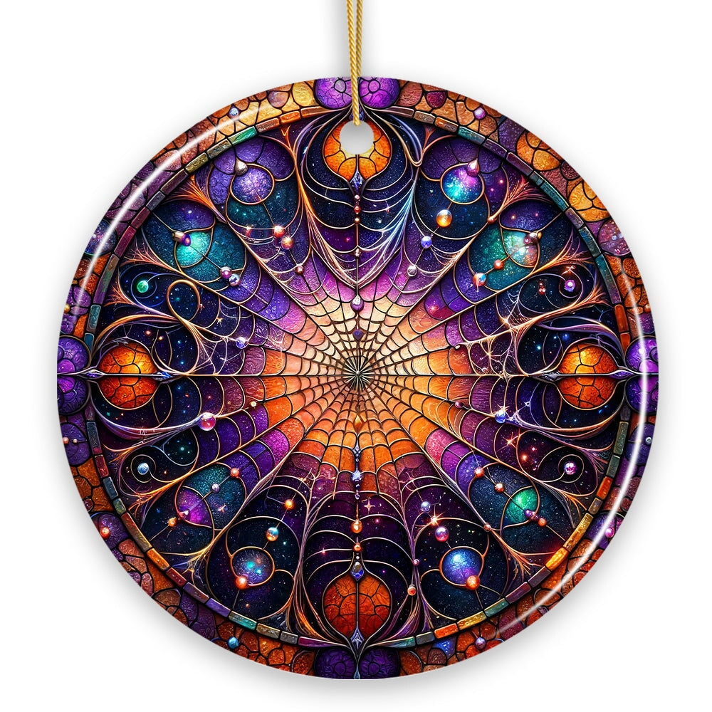 Whispering Shadows Enchanted Cobweb Stained Glass Style Ceramic Ornament, Halloween Themed Christmas Gift and Decor