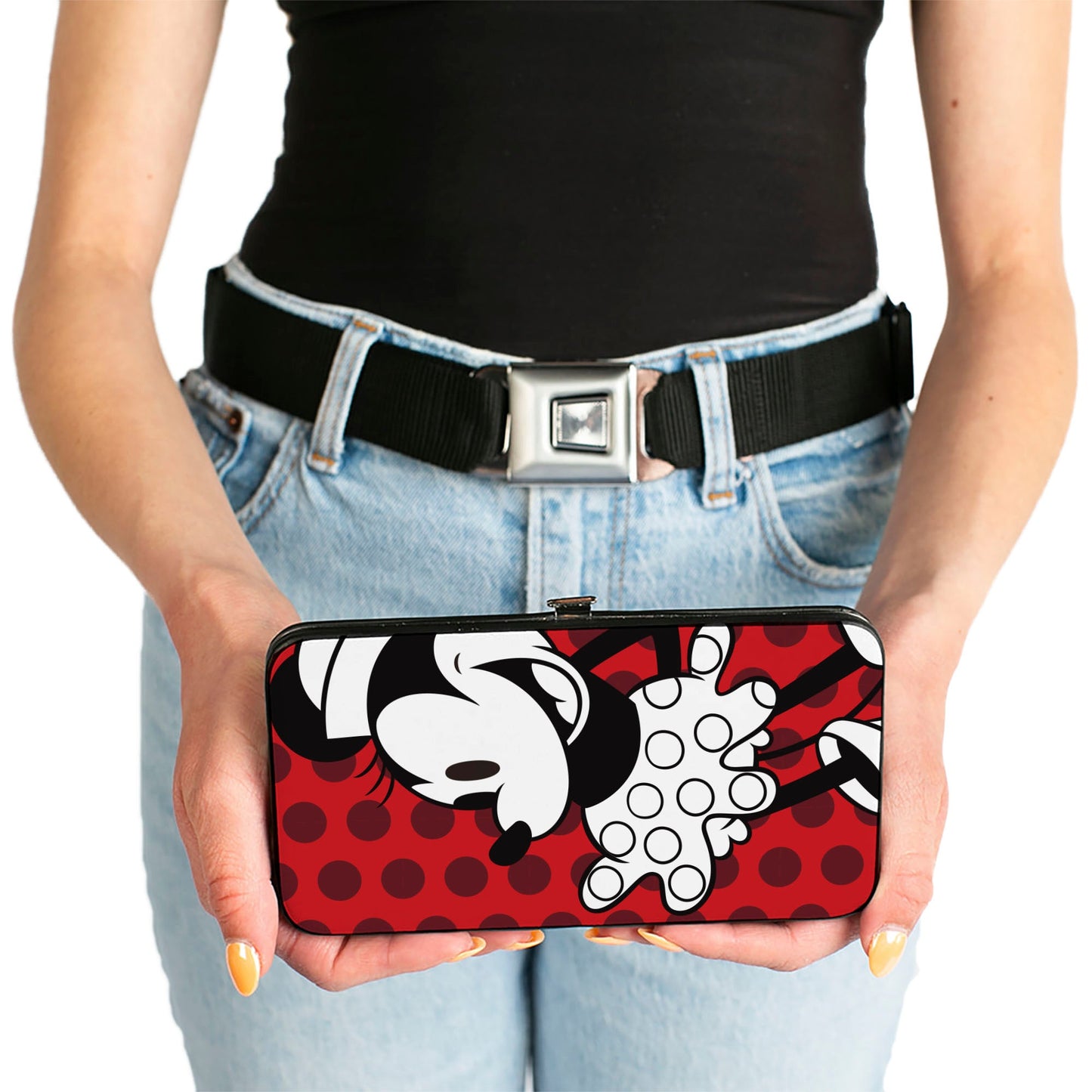 Hinged Wallet - Vintage Minnie Smiling Pose Front + Back Views Dots Reds/Black/White