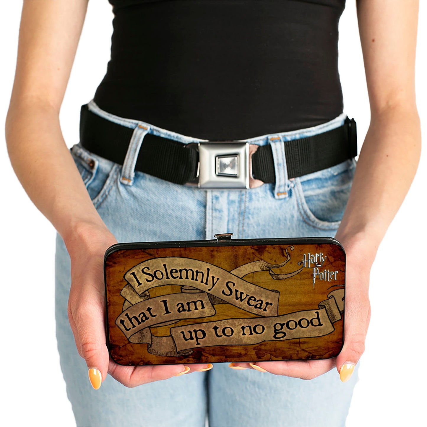 Hinged Wallet - Harry Potter I SOLEMNLY SWEAR THAT I AM UP TO NO GOOD Banner Tan Black