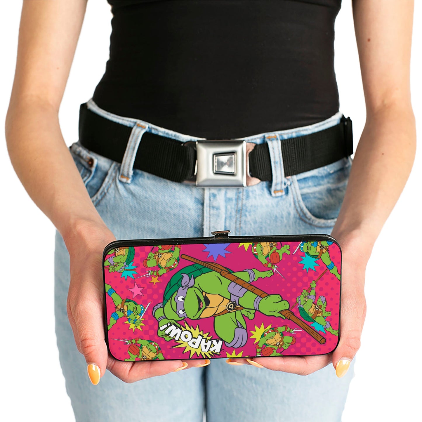 Hinged Wallet - KAPOW! Donatello Action Pose Scattered Turtle Action Poses Halftone Pinks