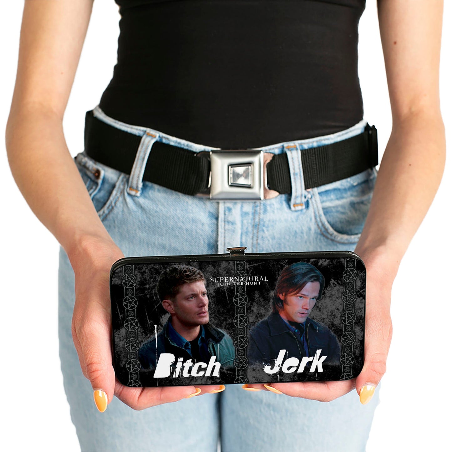 Hinged Wallet - SUPERNATURAL 4-Character Poses BITCH-JERK + IDJITS ASSBUTT Black Grays White