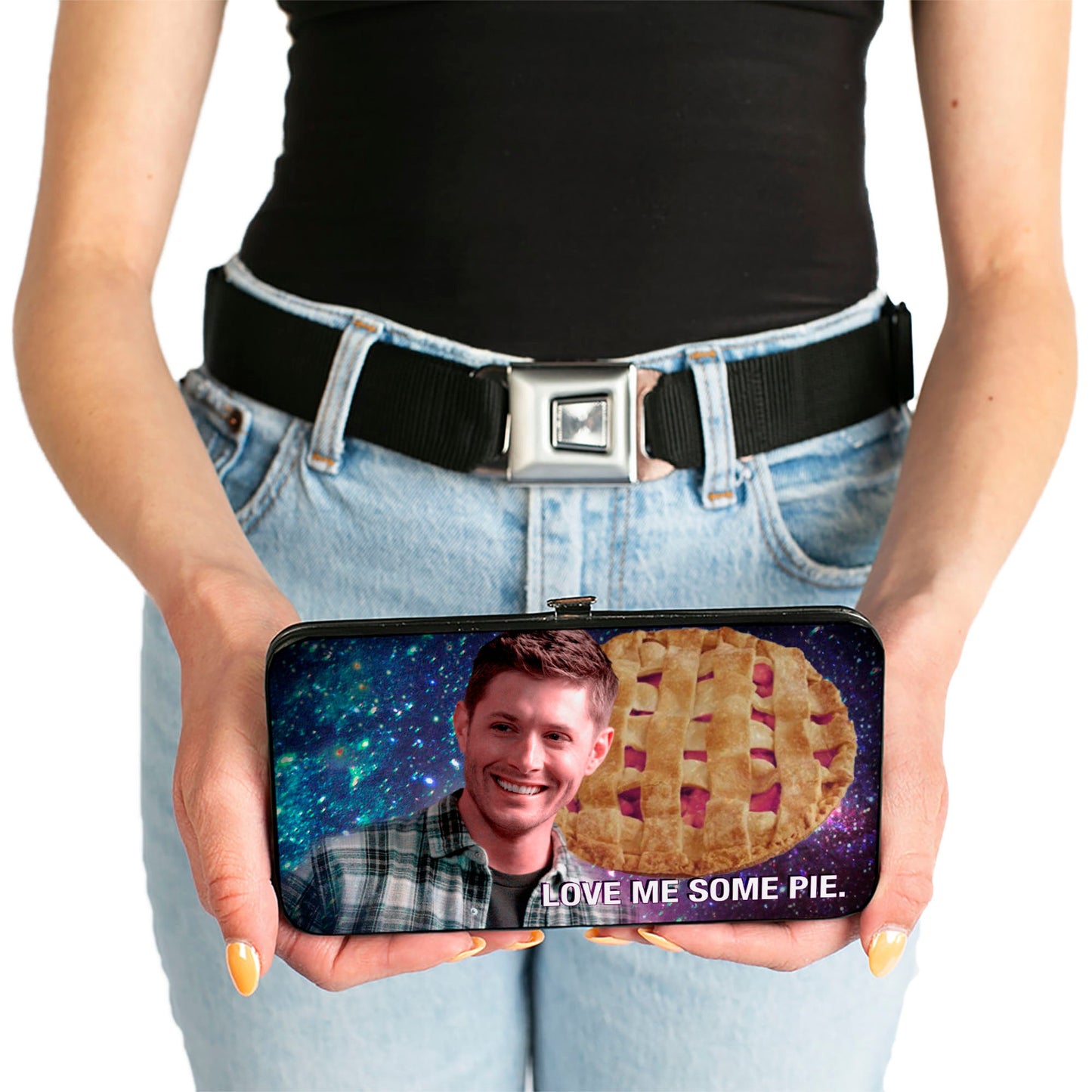 Hinged Wallet - Dean Smiling Pie Galaxy Blue-Purple Fade + SUPERNATURAL-JOIN THE HUNT Black White