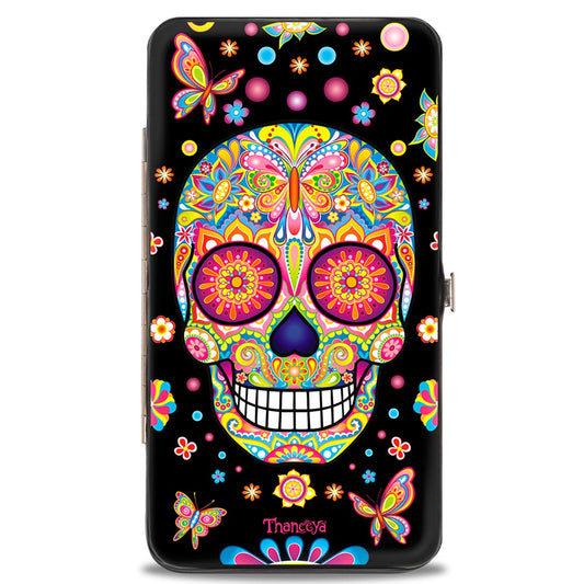 Hinged Wallet - Mariposa Calaveras Butterflies Flowers Black Multi Color