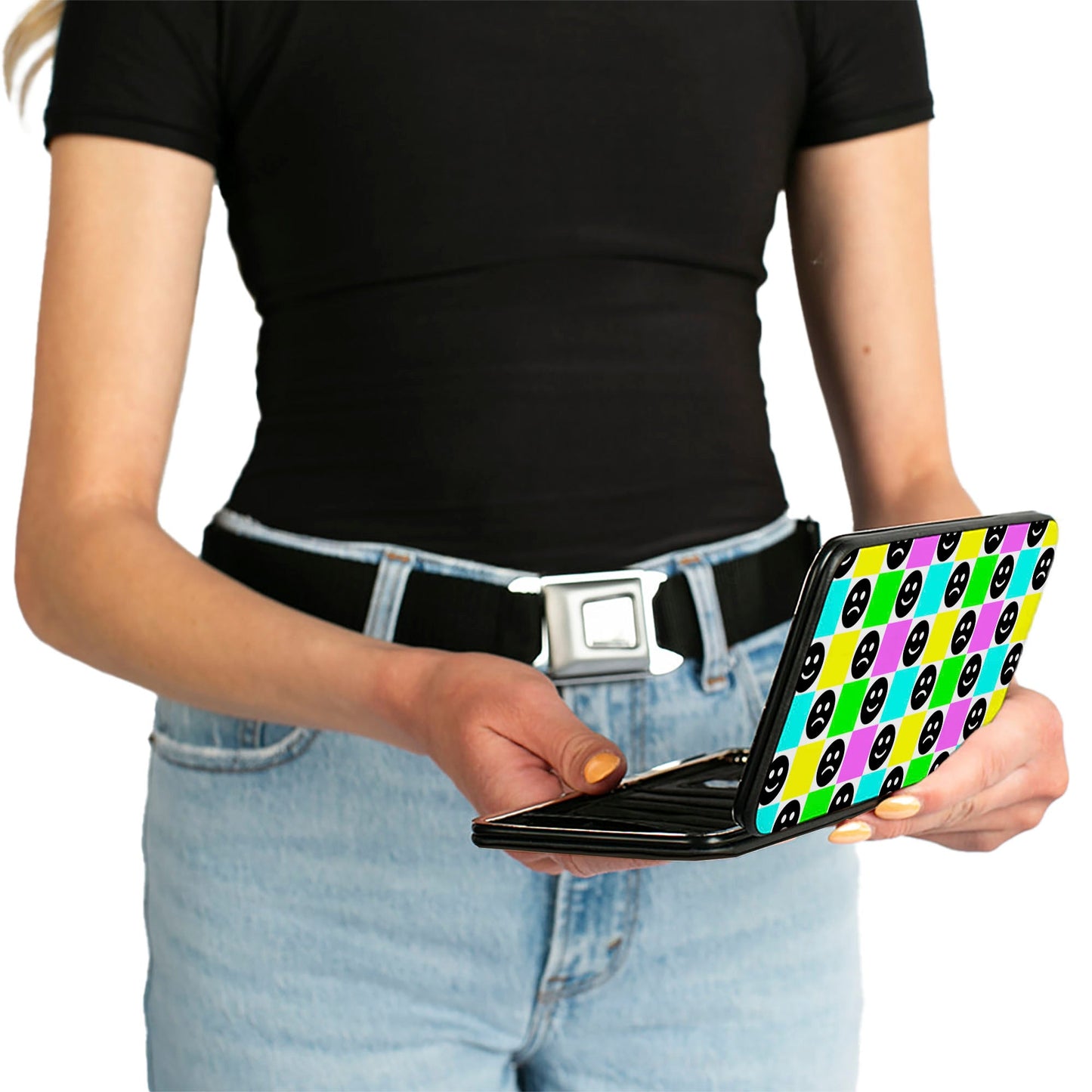 Hinged Wallet - Smiley Sad Face Checker Multi Color/White