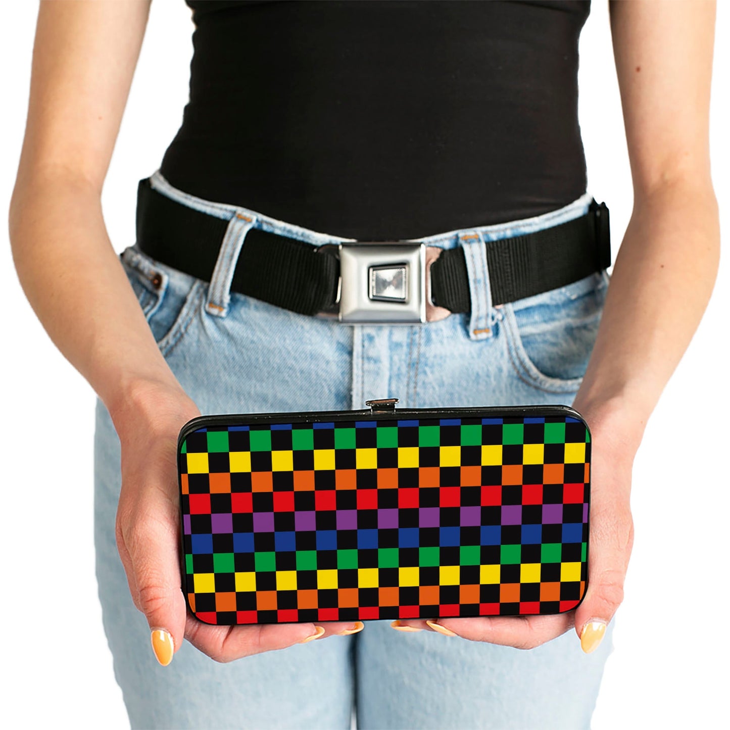 Hinged Wallet - Checker Black Rainbow Multi Color