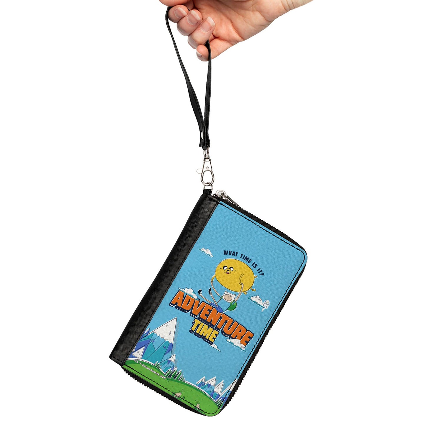 PU Zip Around Wallet Rectangle - ADVENTURE TIME Jake and Finn WHAT TIME IS IT Flying Pose Blue