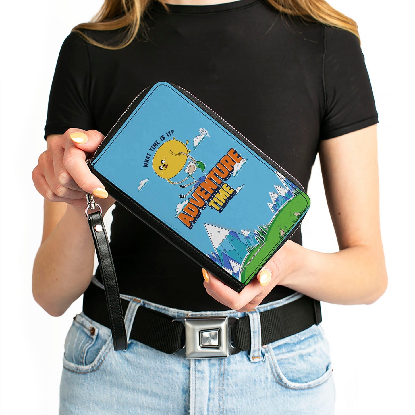 PU Zip Around Wallet Rectangle - ADVENTURE TIME Jake and Finn WHAT TIME IS IT Flying Pose Blue