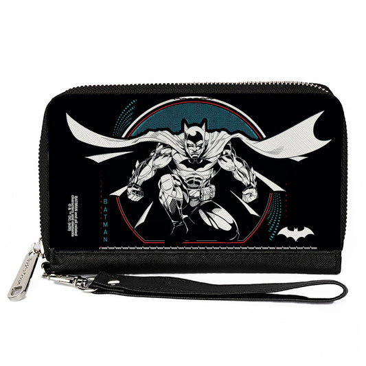 Women's PU Zip Around Wallet Rectangle - Batman Crouching Tech Action Pose Black White Blue Red