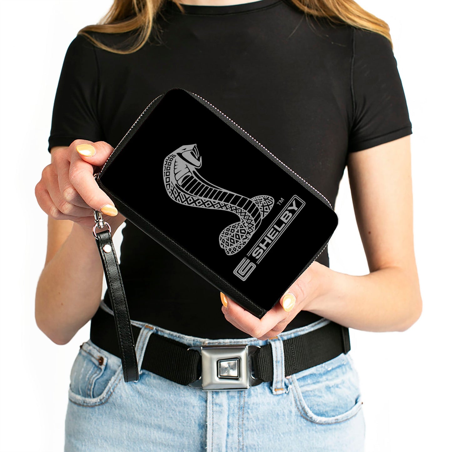 PU Zip Around Wallet Rectangle - Carroll Shelby Super Snake CS SHELBY Racing Logo Black/White