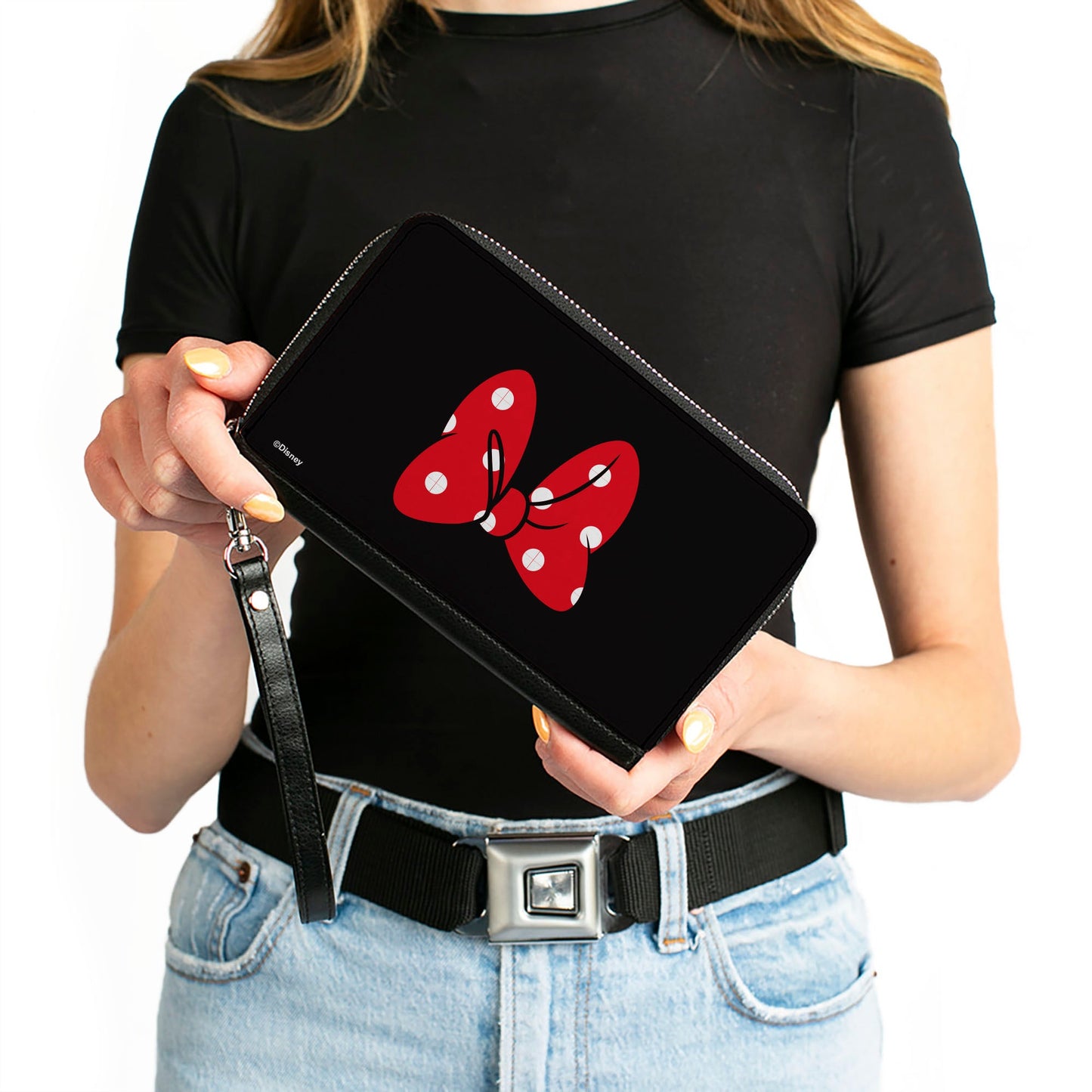 Women's PU Zip Around Wallet Rectangle - Minnie Mouse Bow Polka Dot Black Red White