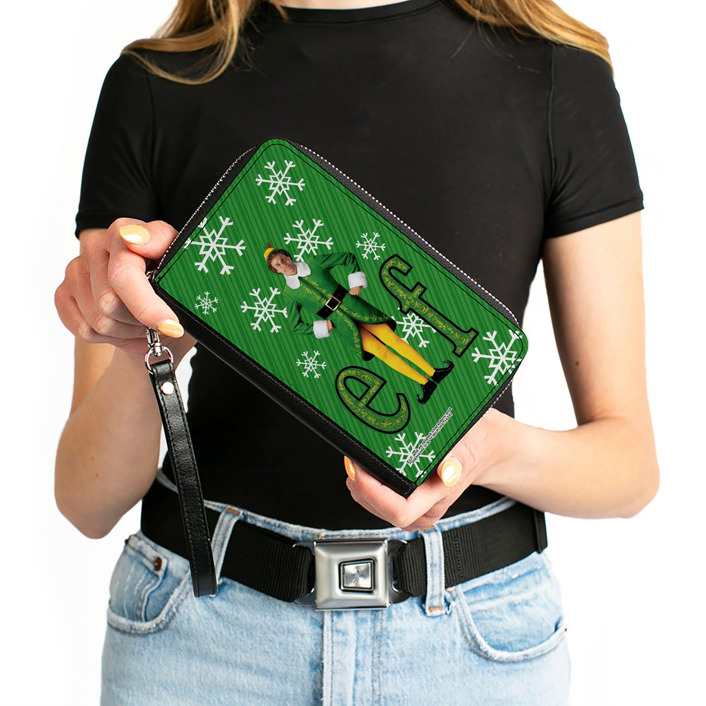 PU Zip Around Wallet Rectangle - Elf Buddy the Elf Logo Pose Snowflakes Greens/White