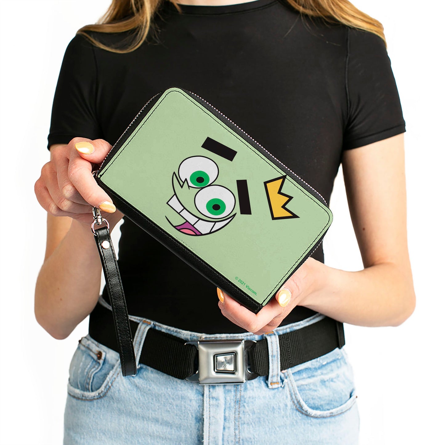 PU Zip Around Wallet Rectangle - The Fairly OddParents Cosmo Face Expression CLOSE-UP Green