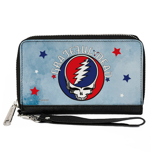 Women's PU Zip Around Wallet Rectangle - GRATEFUL DEAD Steal Your Face Logo Stars Blues White Red