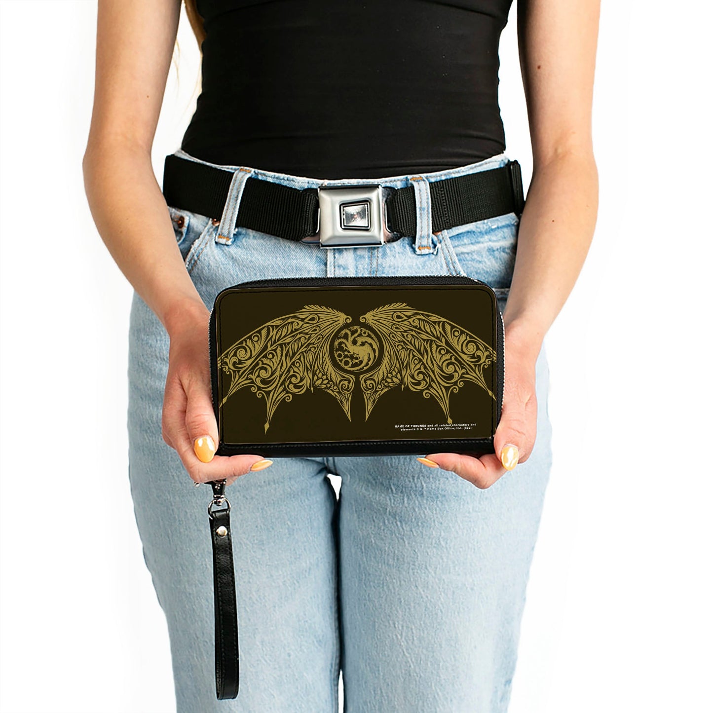 PU Zip Around Wallet Rectangle - House of the Dragon Icon and Wings Black Yellow