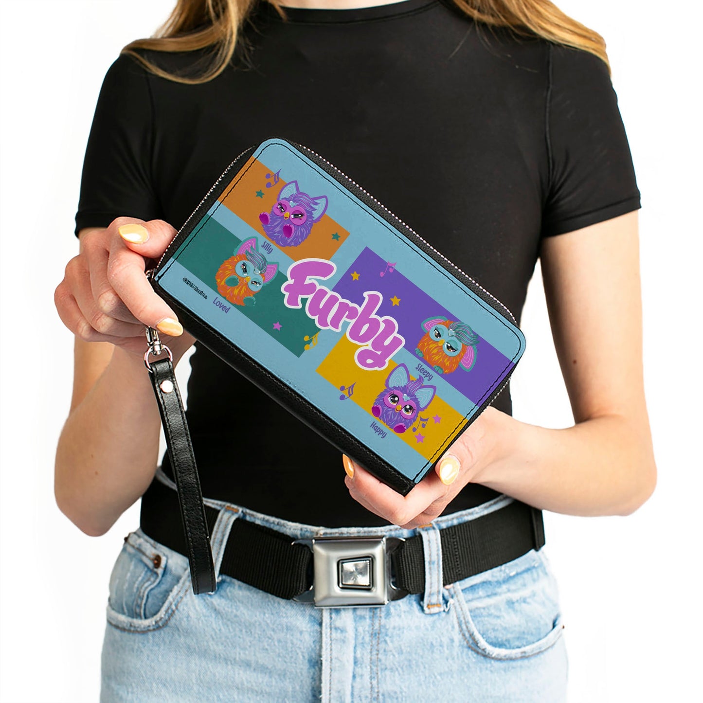 PU Zip Around Wallet Rectangle - FURBY Purple and Orange Mood Blocks and Title Logo Blue/Multi Color