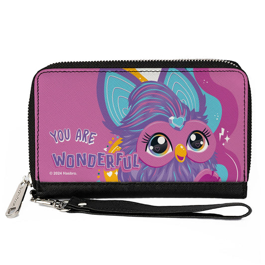 PU Zip Around Wallet Rectangle - Furby Purple Furby YOU ARE WONDERFUL Running Pose Pinks/Purples