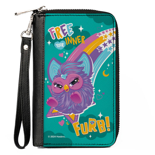 PU Zip Around Wallet Rectangle - Furby Purple Furby FREE YOUR INNER FURB Rainbow Pose Teal/Multi Color