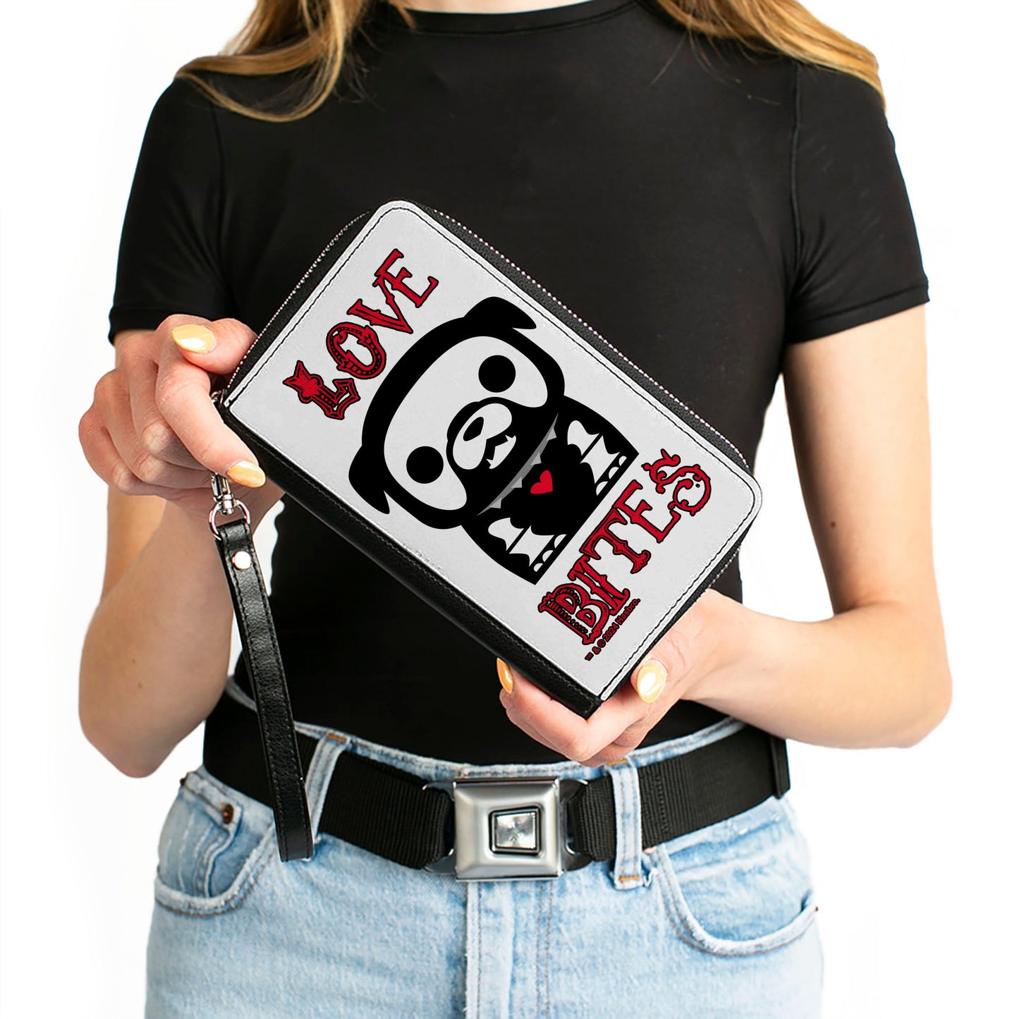 PU Zip Around Wallet Rectangle - Skelanimals Maxx the Bulldog LOVE BITES Pose White/Black/Red