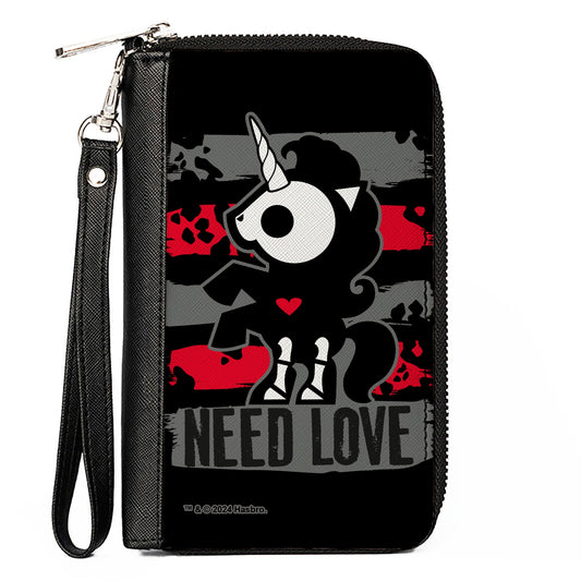 PU Zip Around Wallet Rectangle - Skelanimals Bonita the Unicorn NEED LOVE Pose Black/Gray/Red/White