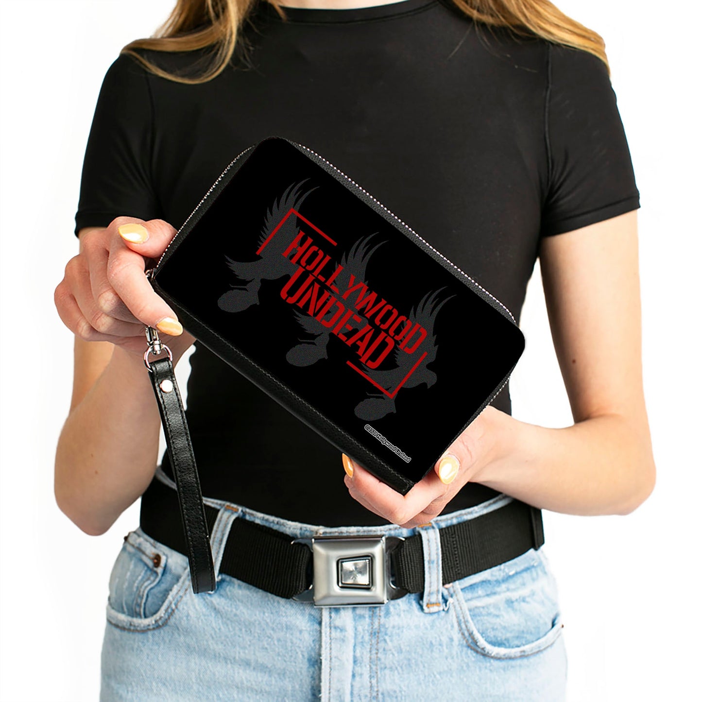 Women's PU Zip Around Wallet Rectangle - HOLLYWOOD UNDEAD Text Logo Tri-Dove & Grenade Icon Black Gray Red
