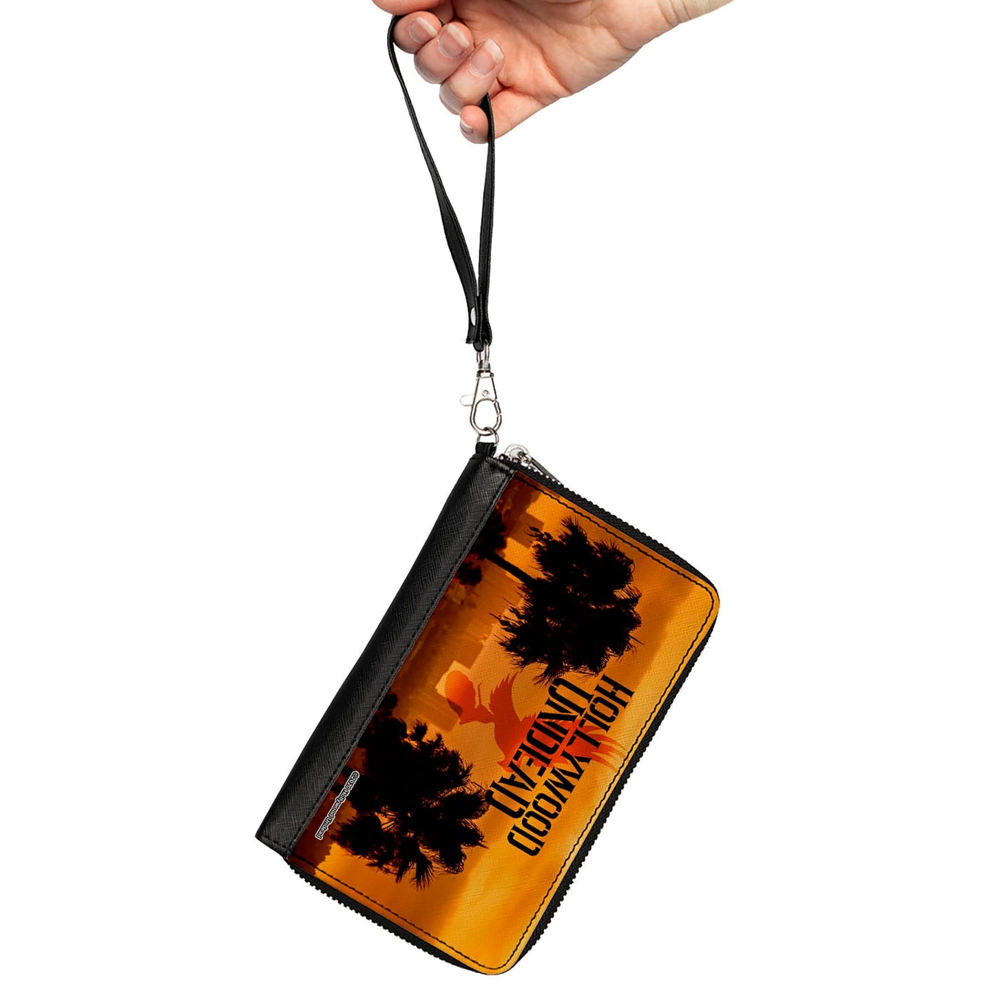 Women's PU Zip Around Wallet Rectangle - HOLLYWOOD UNDEAD Text Logo Skyline Oranges Black