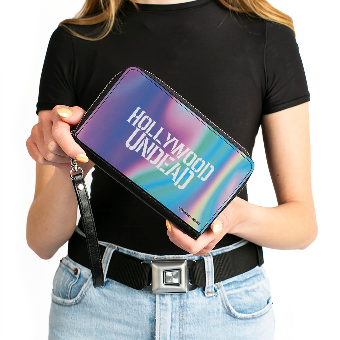 Women's PU Zip Around Wallet Rectangle - HOLLYWOOD UNDEAD Text Logo Aura White