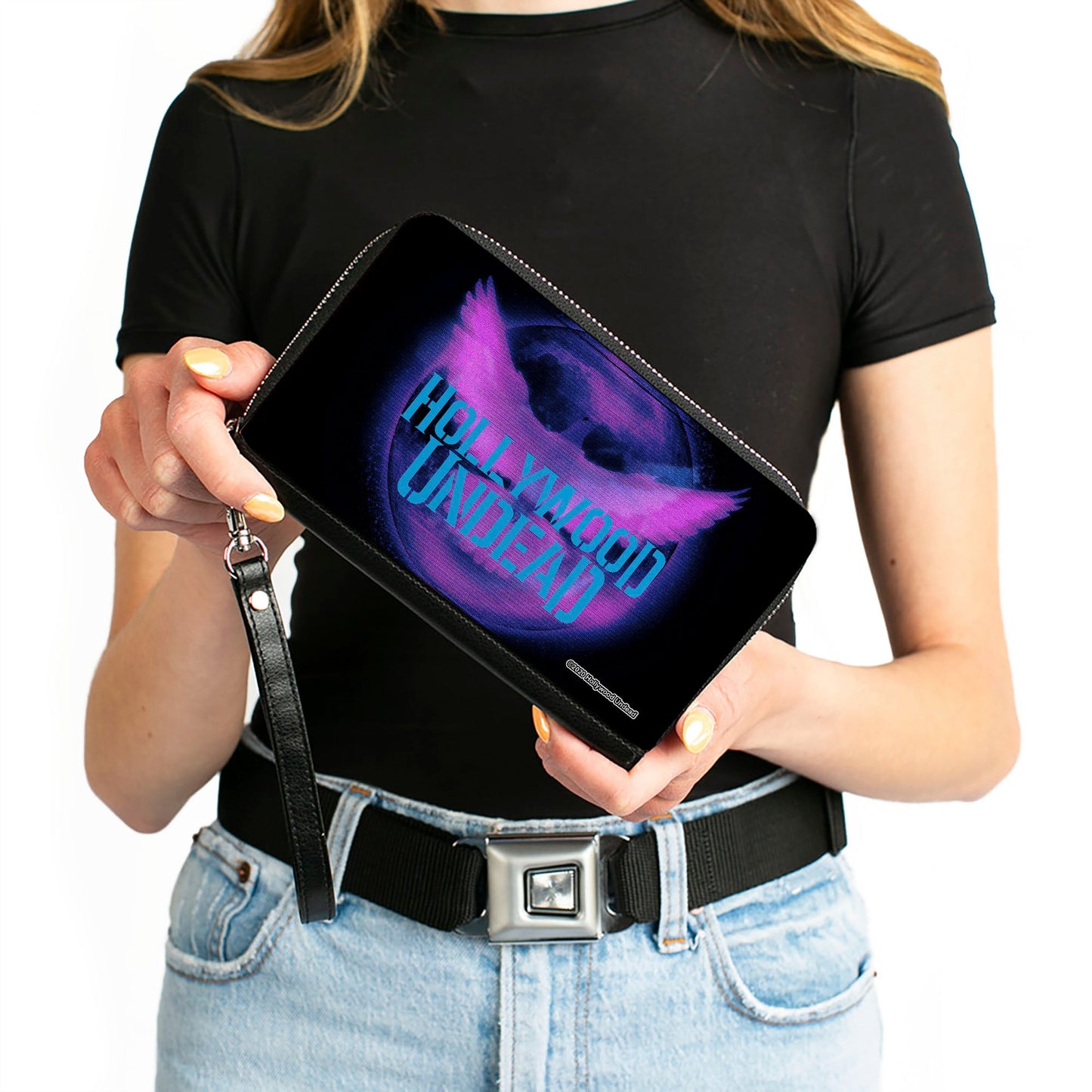 Women's PU Zip Around Wallet Rectangle - HOLLYWOOD UNDEAD Dove TV Fuzz Black Pinks Blues