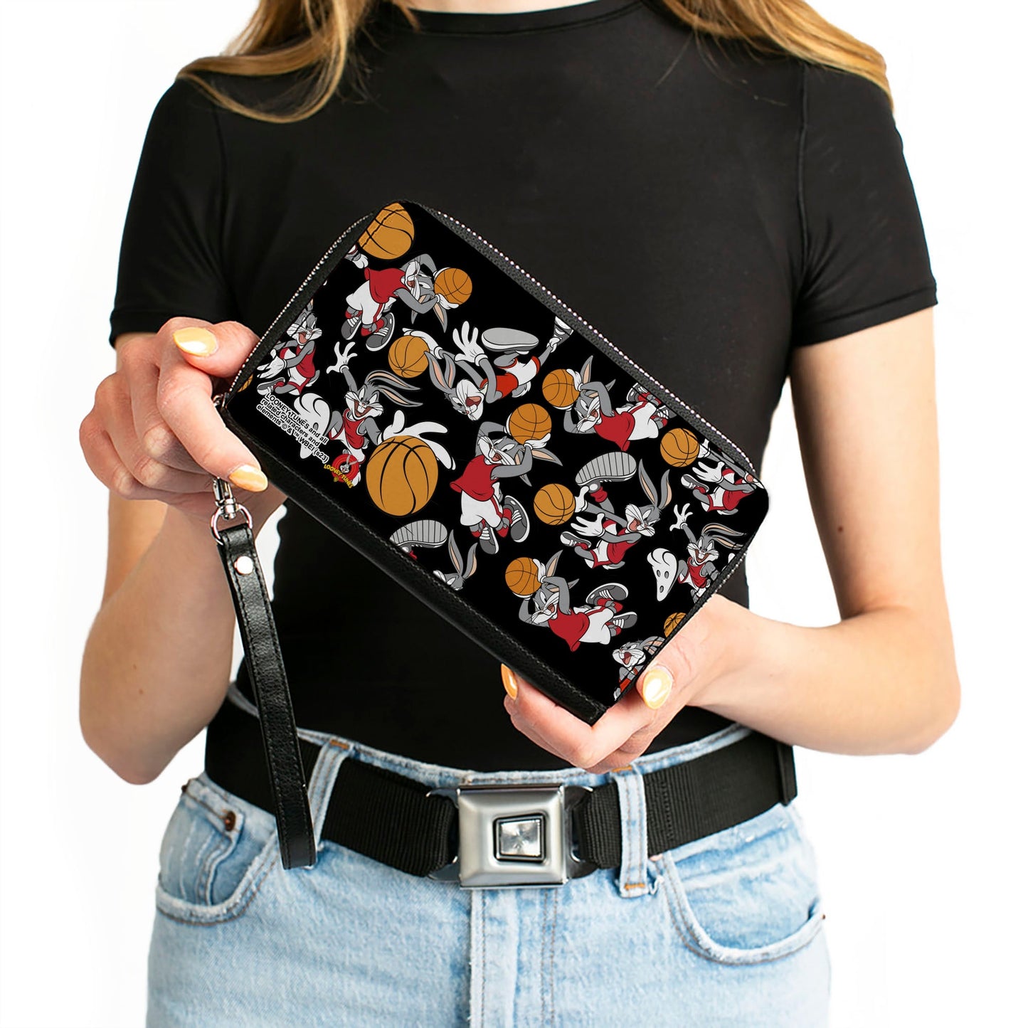 PU Zip Around Wallet Rectangle - Bugs Bunny Basketball Poses Scattered Black