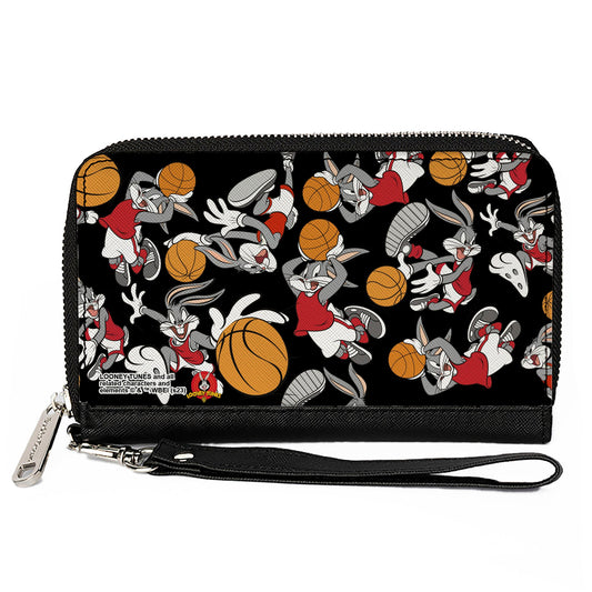 PU Zip Around Wallet Rectangle - Bugs Bunny Basketball Poses Scattered Black