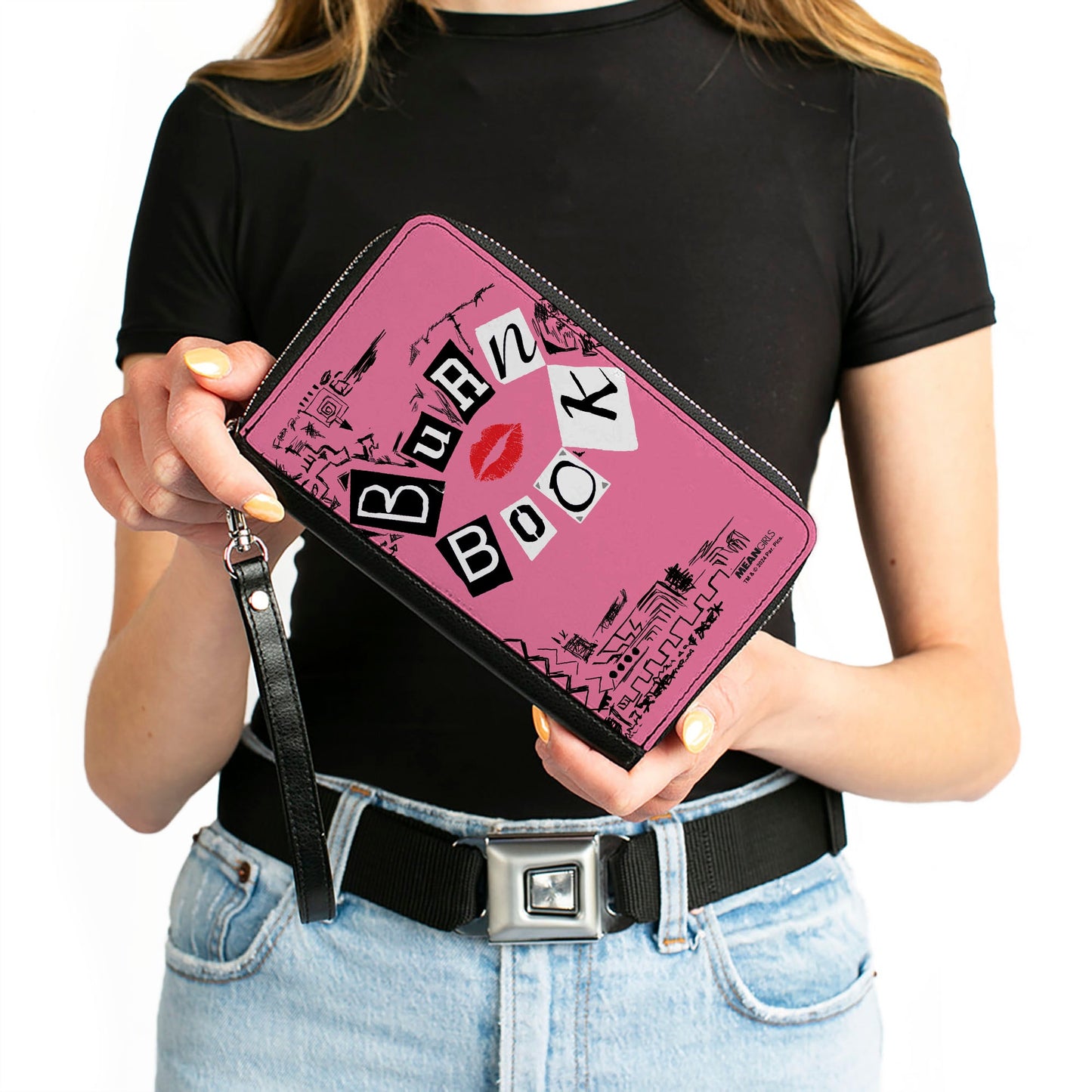 PU Zip Around Wallet Rectangle - Mean Girls BURN BOOK Cover Doodles Pink