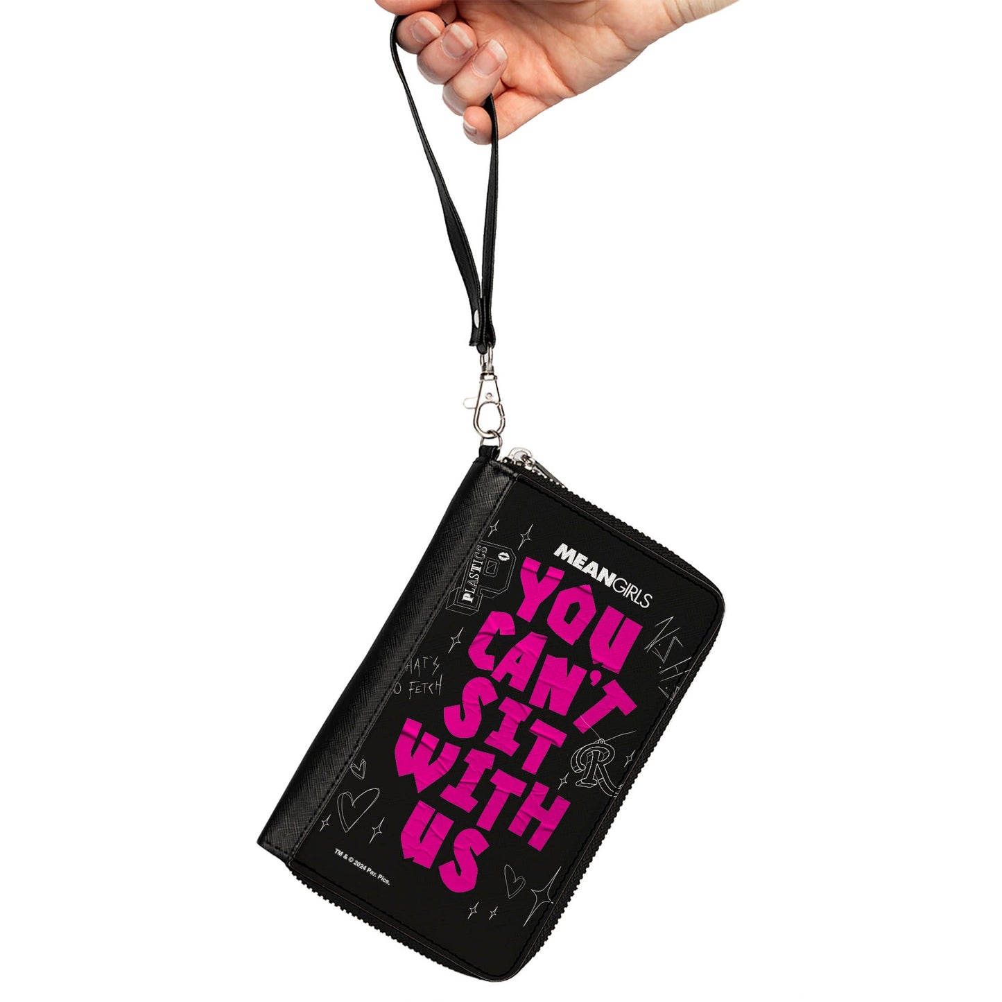 PU Zip Around Wallet Rectangle - Mean Girls YOU CAN'T SIT WITH US Doodles Black/Pink