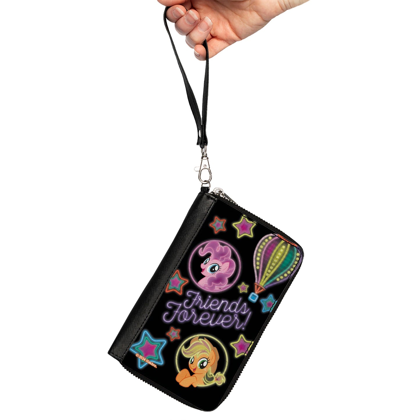 PU Zip Around Wallet Rectangle - My Little Pony Pinkie Pie and Applejack FRIENDS FOREVER Neon Art Black/Multi Color