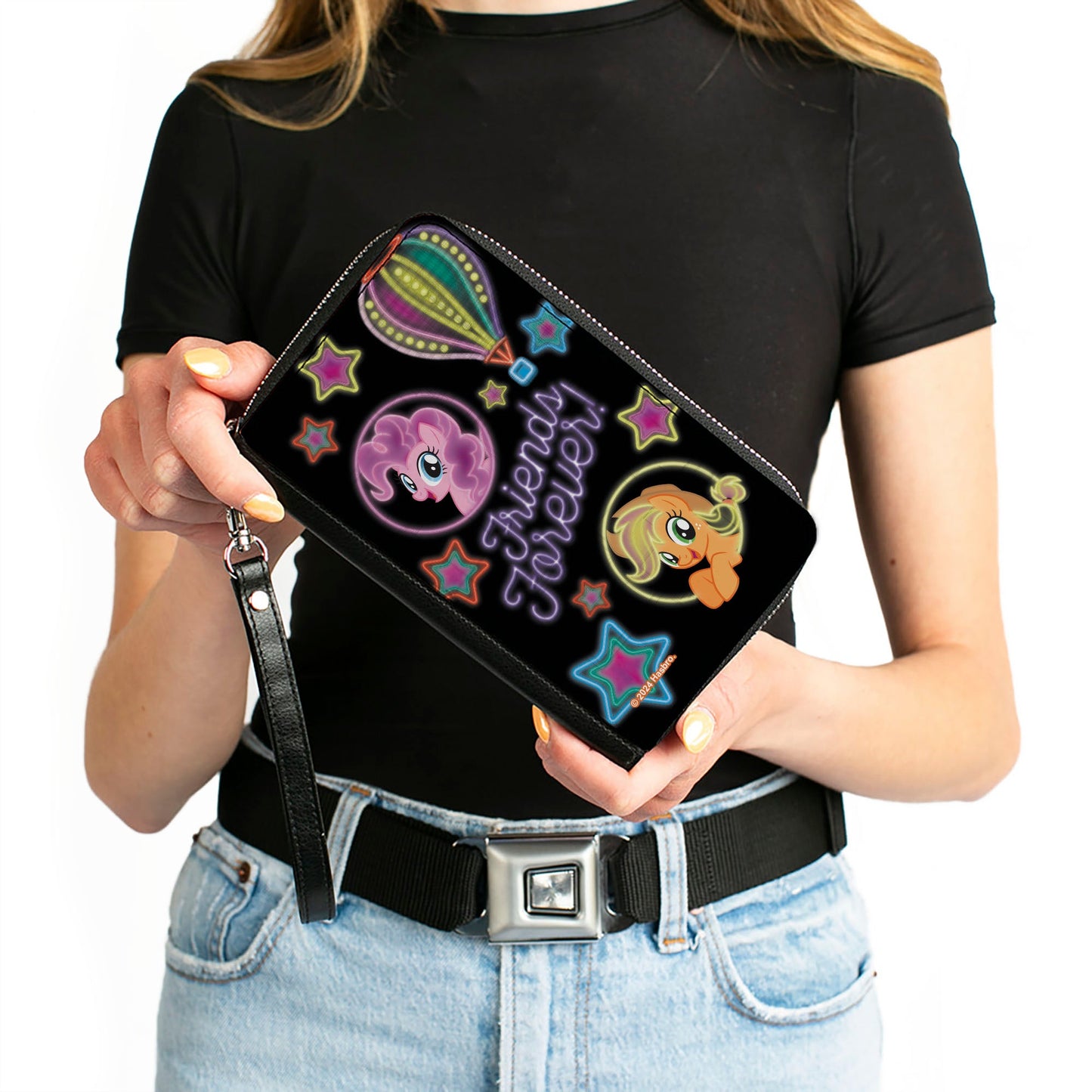 PU Zip Around Wallet Rectangle - My Little Pony Pinkie Pie and Applejack FRIENDS FOREVER Neon Art Black/Multi Color
