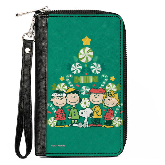 PU Zip Around Wallet Rectangle - Peanuts Holiday Christmas Tree Group Pose Greens
