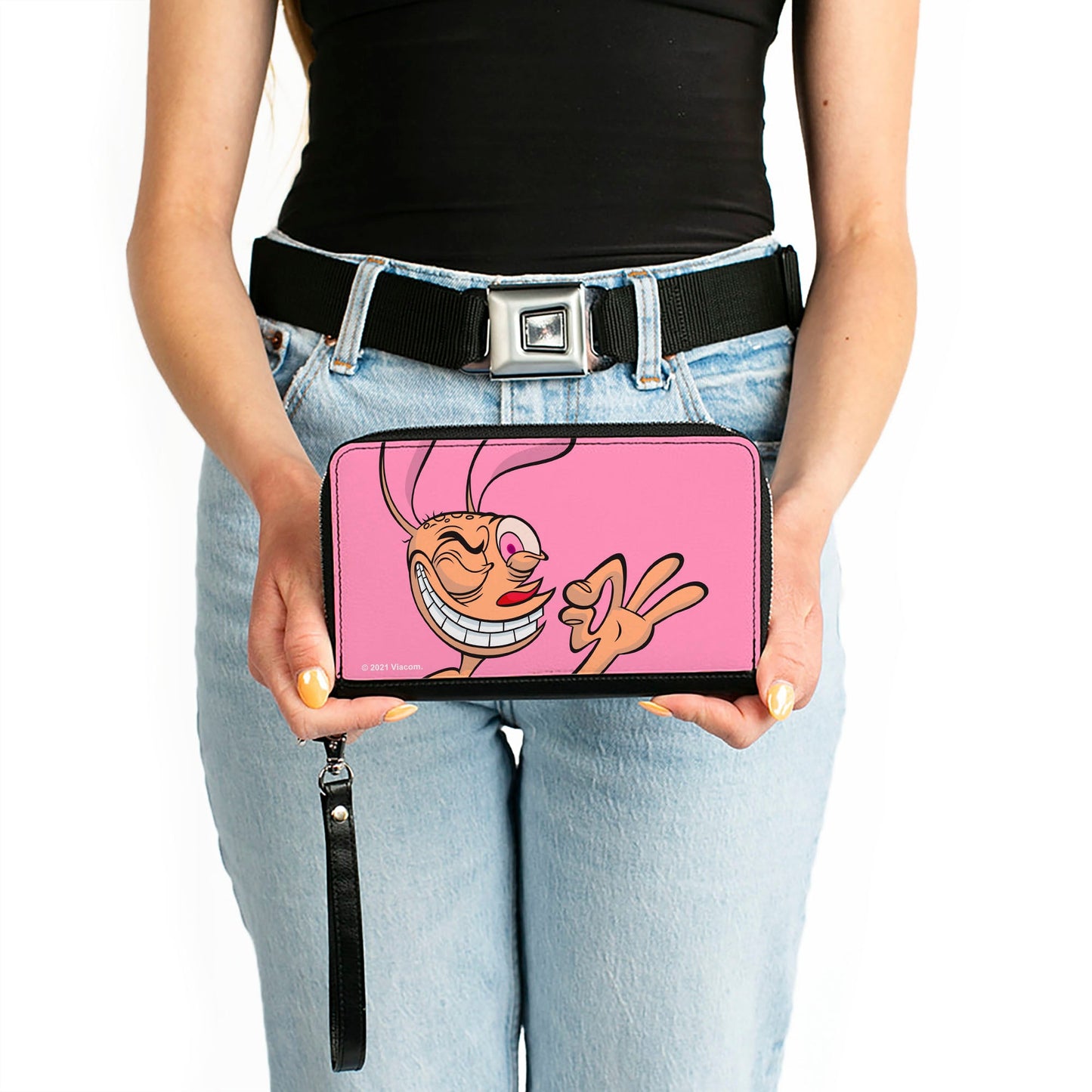 PU Zip Around Wallet Rectangle - The Ren & Stimpy Show Ren Winking Pose CLOSE-UP Pink