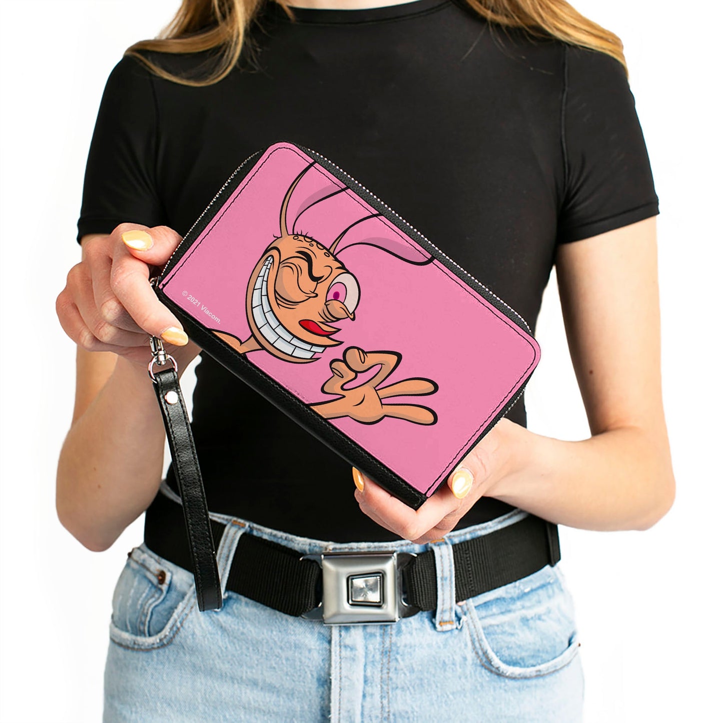 PU Zip Around Wallet Rectangle - The Ren & Stimpy Show Ren Winking Pose CLOSE-UP Pink
