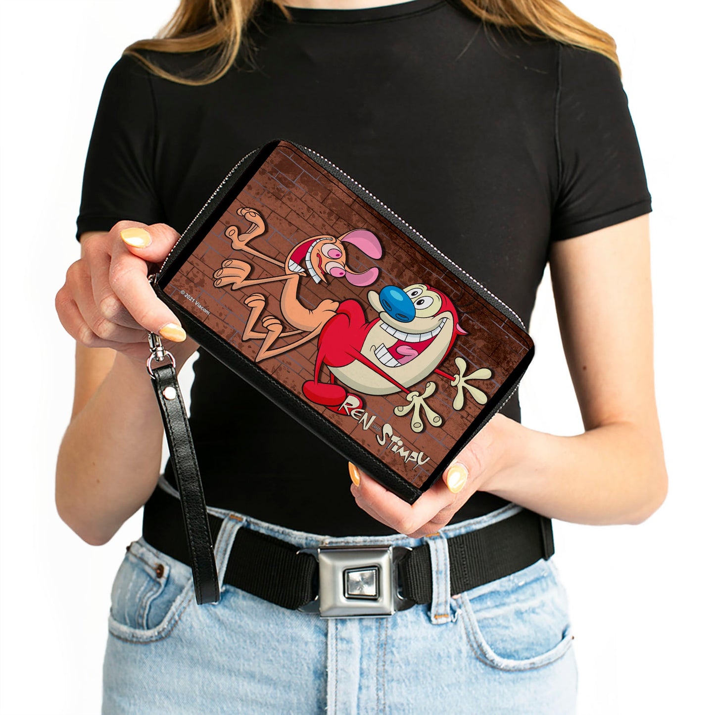 PU Zip Around Wallet Rectangle - The Ren & Stimpy Show Booty Bump Pose Brick Wall Browns
