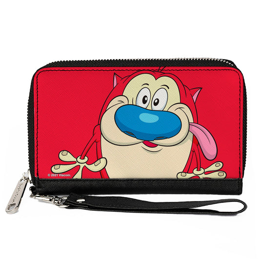 PU Zip Around Wallet Rectangle - The Ren & Stimpy Show Stimpy Smiling Pose CLOSE-UP Red