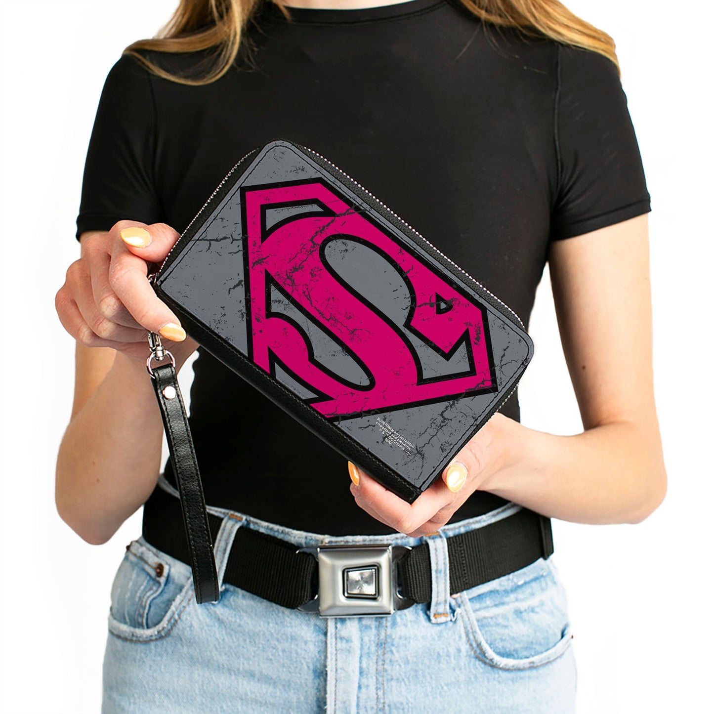 Women's PU Zip Around Wallet Rectangle - Superman Shield CLOSE-UP Weathered Grays Black Pink